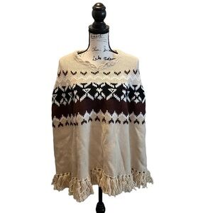MODA INTERNATIONAL VS Sweater Shawl Brown XS Small Nordic Fair Isle Wool Fringe